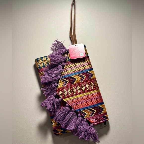 Ethnic Boho Large Clutch Suede Wristlet Bag Handmade Embroidery Tassels Indi NEW - Picture 4 of 16
